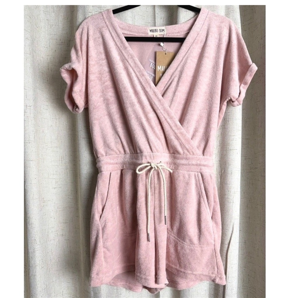 Malibu Bum Pink Terry Cloth Romper Surplice Wrap Drawstring Womens Medium